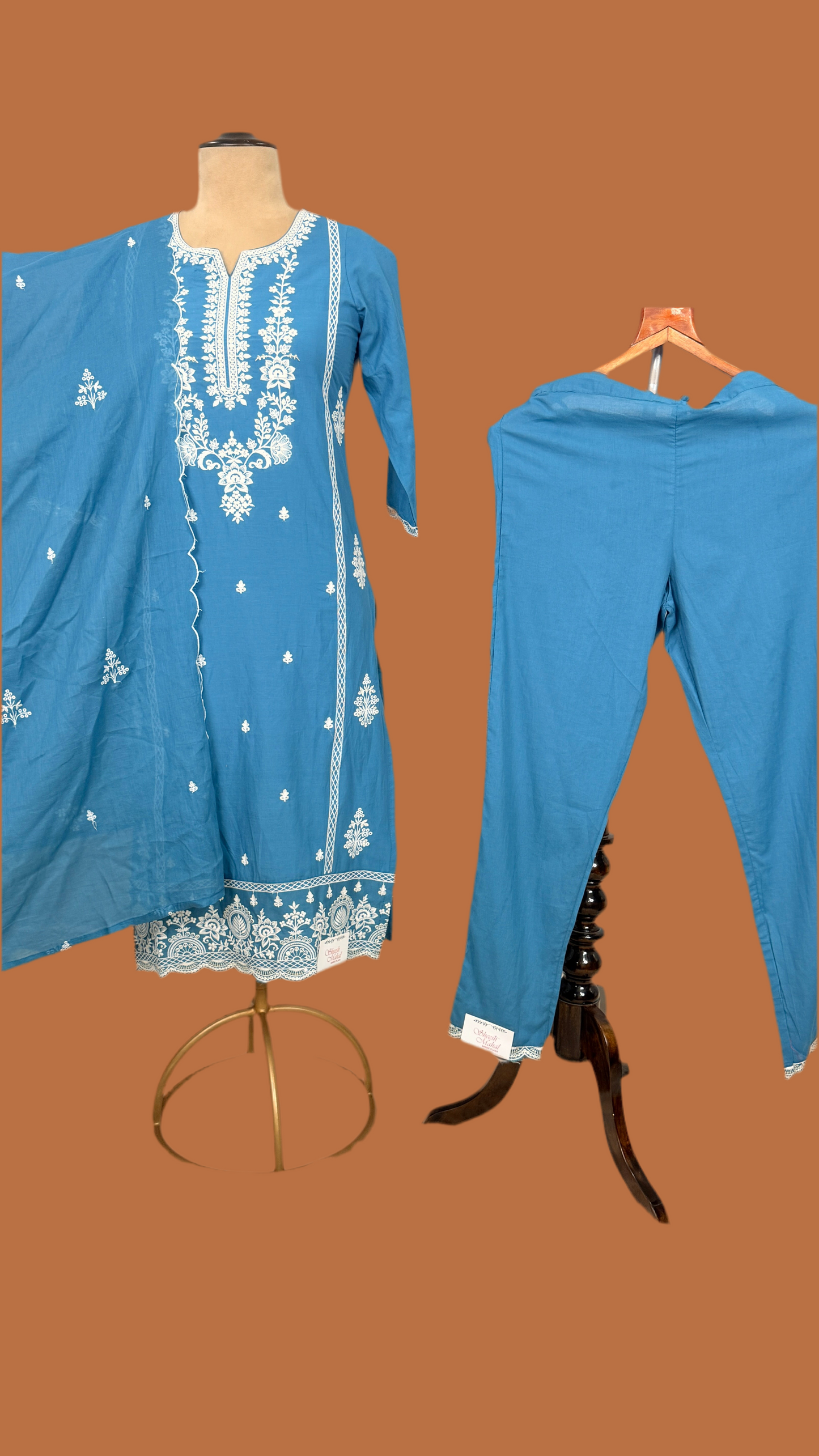Blue cotton kurta pant set with white Resham embroidered kur2002