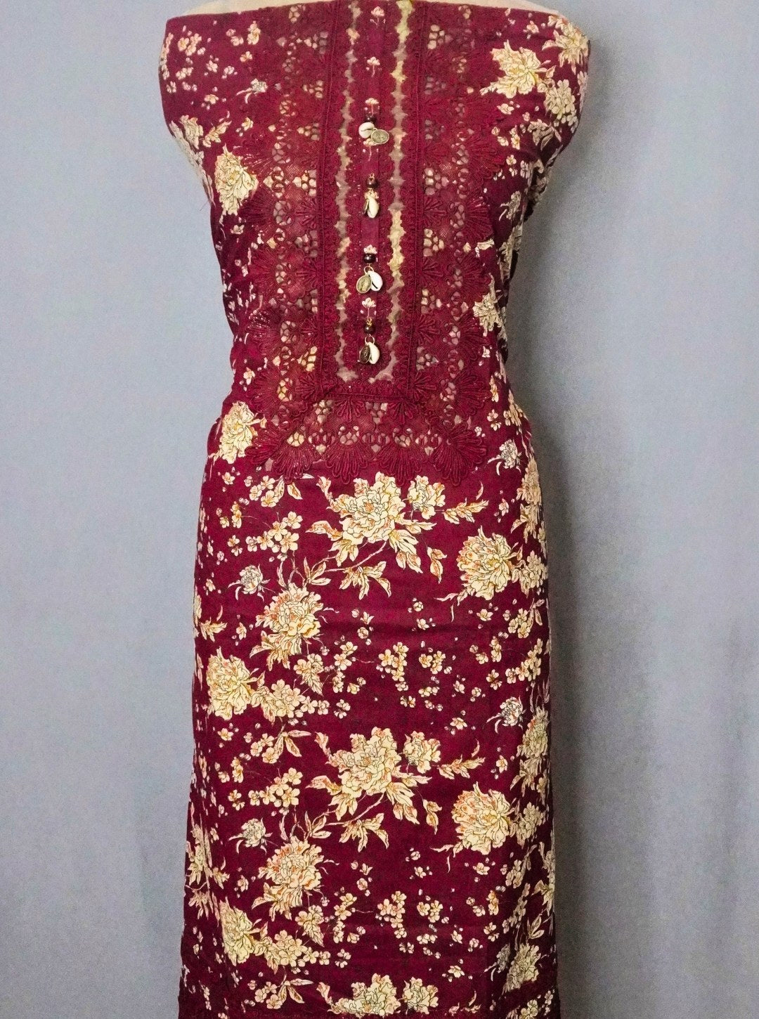 COTTON MAHROON LACE, FLOWER PRINT SUIT