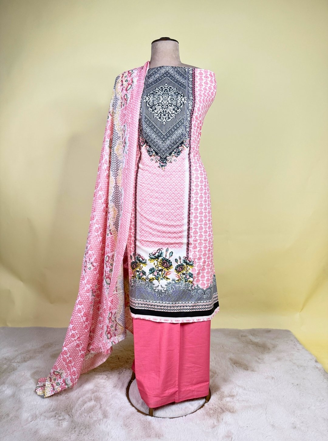 CAMBRIC COTTON SUIT WITH NECKLINE SEROCEY WORK & MUL COTTON DUPATTA OR COTTON BOTTOM (SUIT1045)