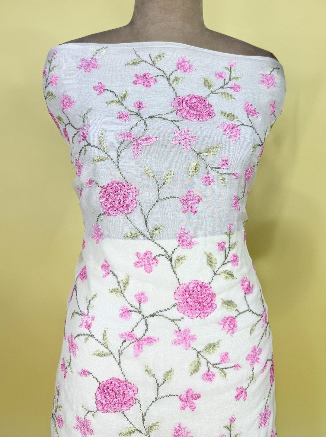 FVORY COLOUR CROSS STITCH EMBROIDERY CHENDALI FABRIC SUIT MUL CHENDALI DUPATTA WITH ZIG-ZAG PRINT COTTON BOTTOM (SUIT1015)
