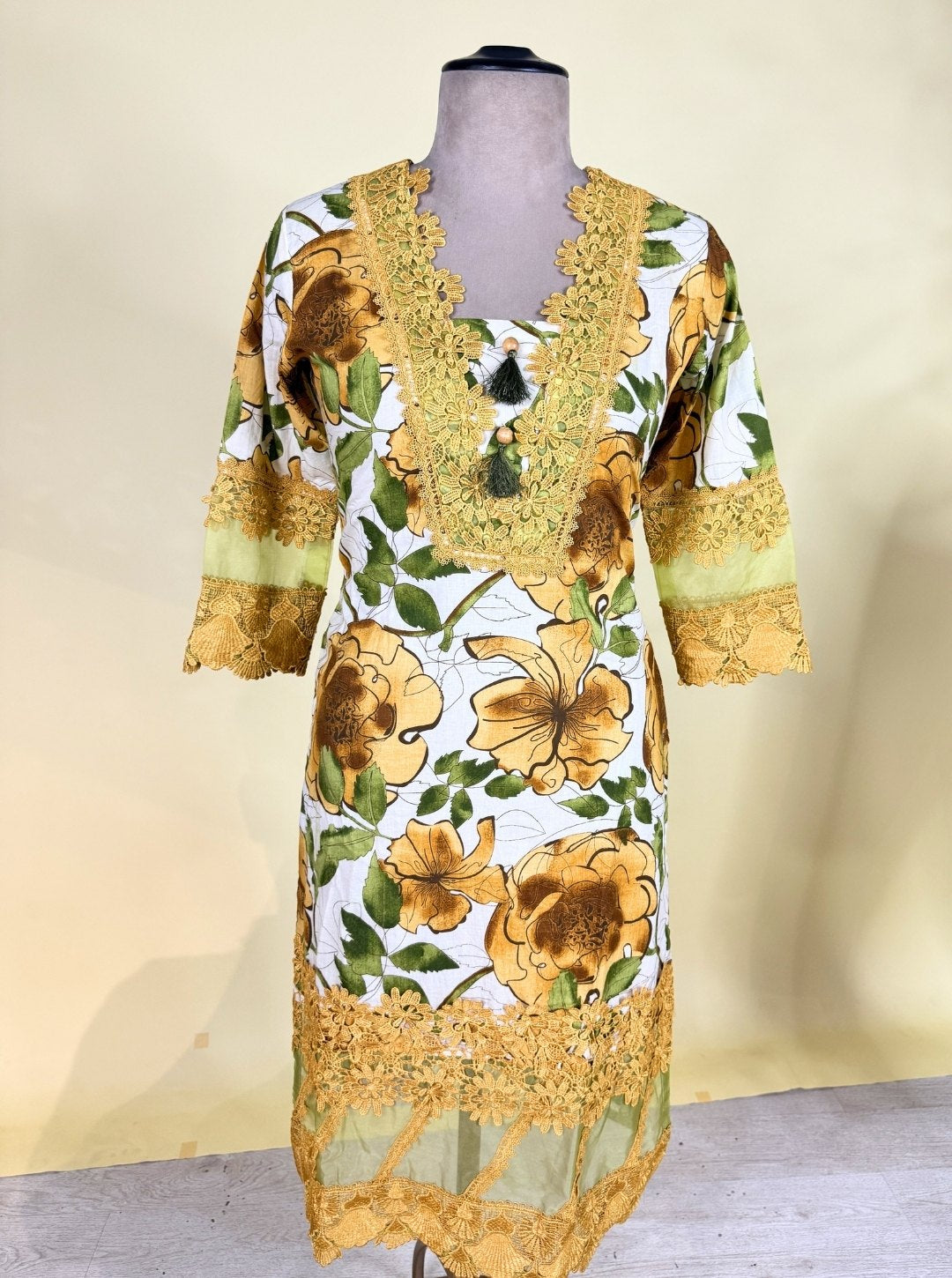 LACY COTTON HAND CRAFTED & EXCLUSIVE ZARDOSI GOLD NECK KURTIS (KUR1007)