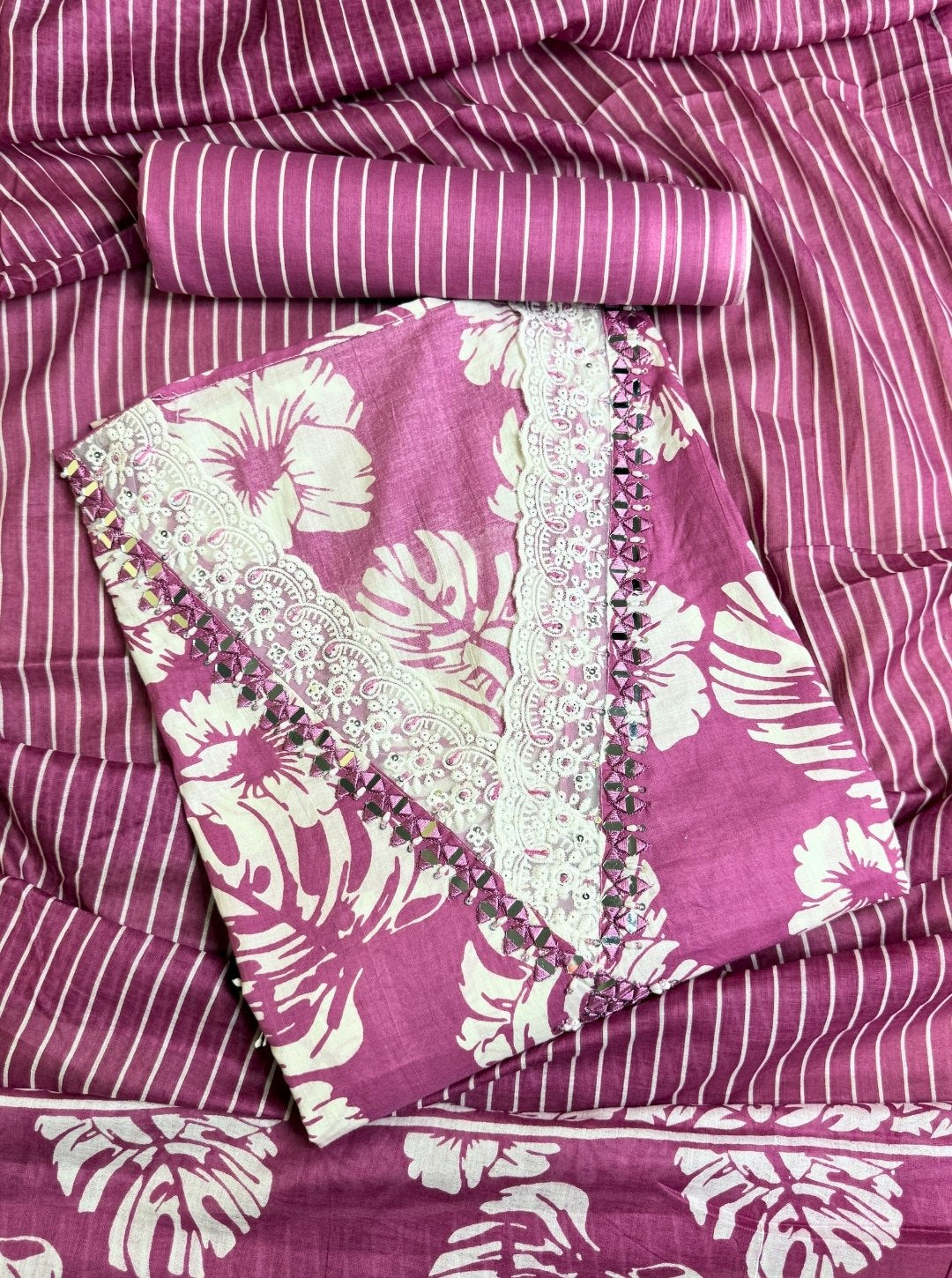 PINK COLOUR V-NECK WITH MIRROR WORK SUIT MULL COTTON DUPATTA STRIPE BOTTOM (SUIT1014)