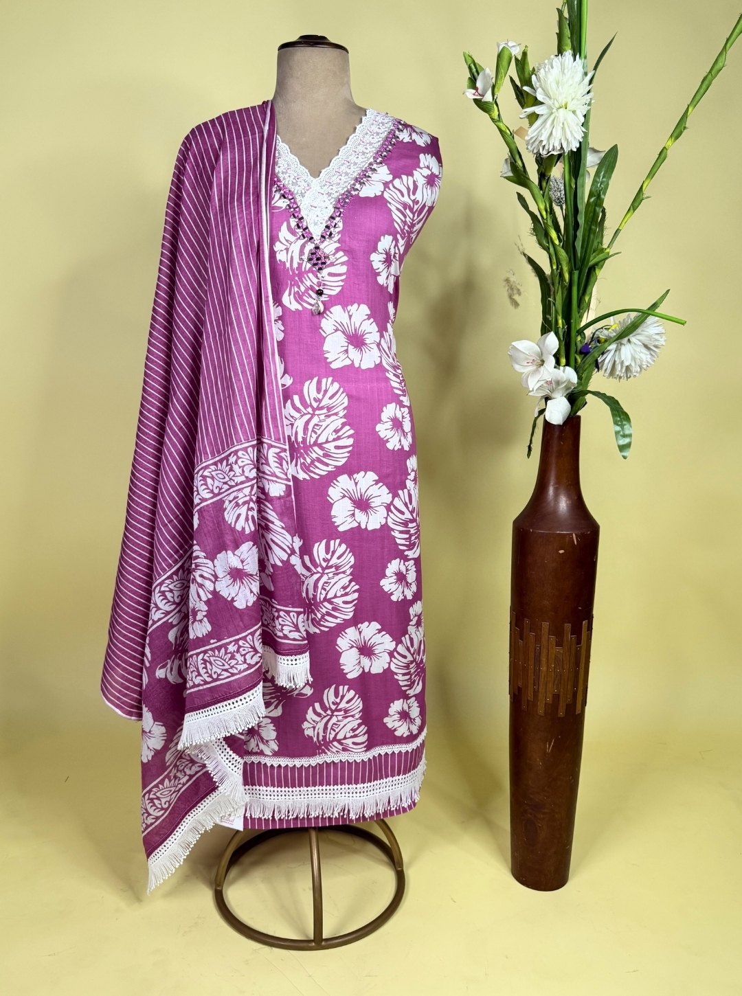 PINK COLOUR V-NECK WITH MIRROR WORK SUIT MULL COTTON DUPATTA STRIPE BOTTOM (SUIT1014)