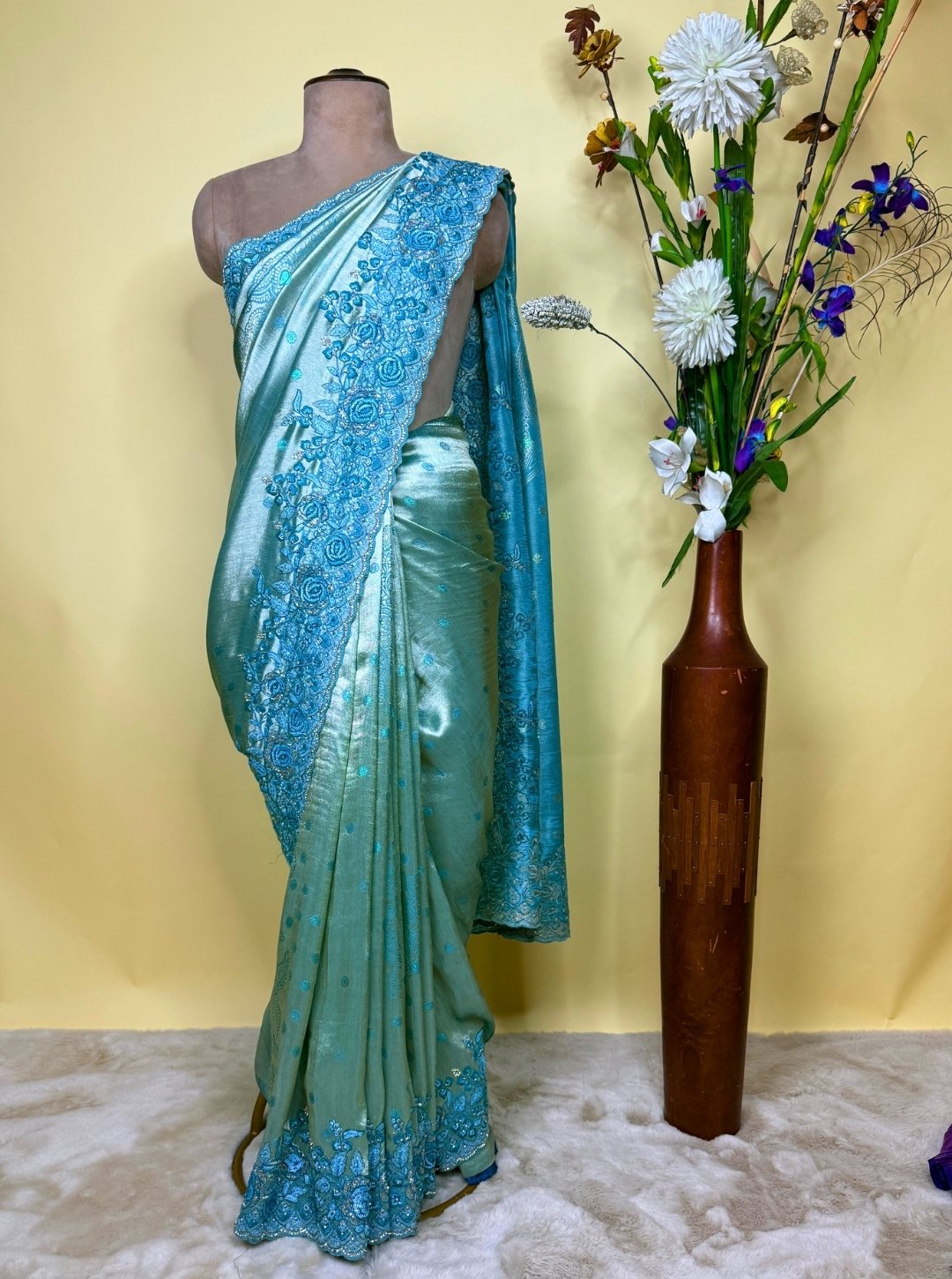 TISSUE MOONGA SILK SAREE WITH ZARI WORK & RESHAM HANDWORK (SM1051)