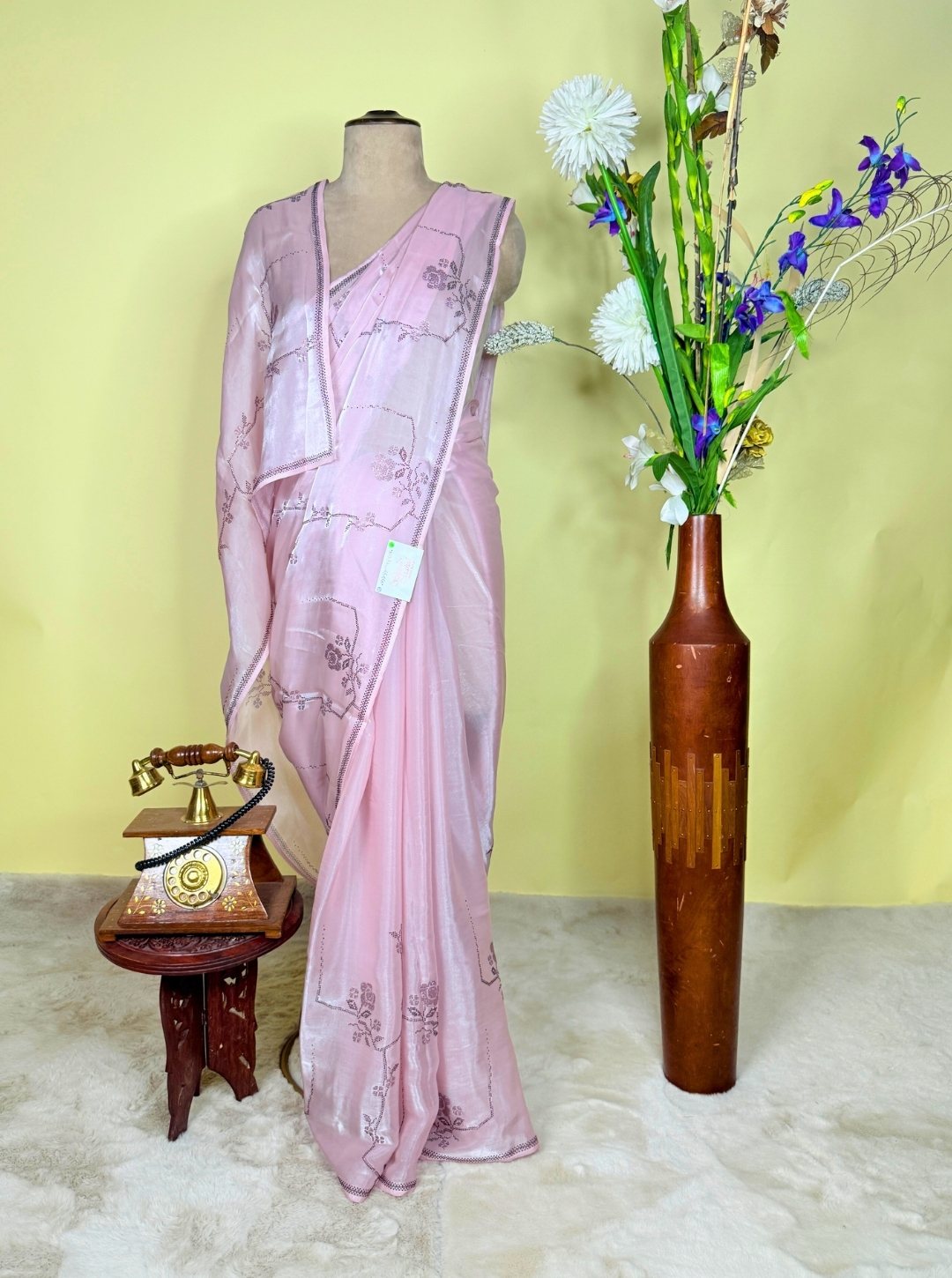 TISSUE ORGANZA SILK WITH SEROSKEY WORK LIGHT PINK SAREE (SM1048)
