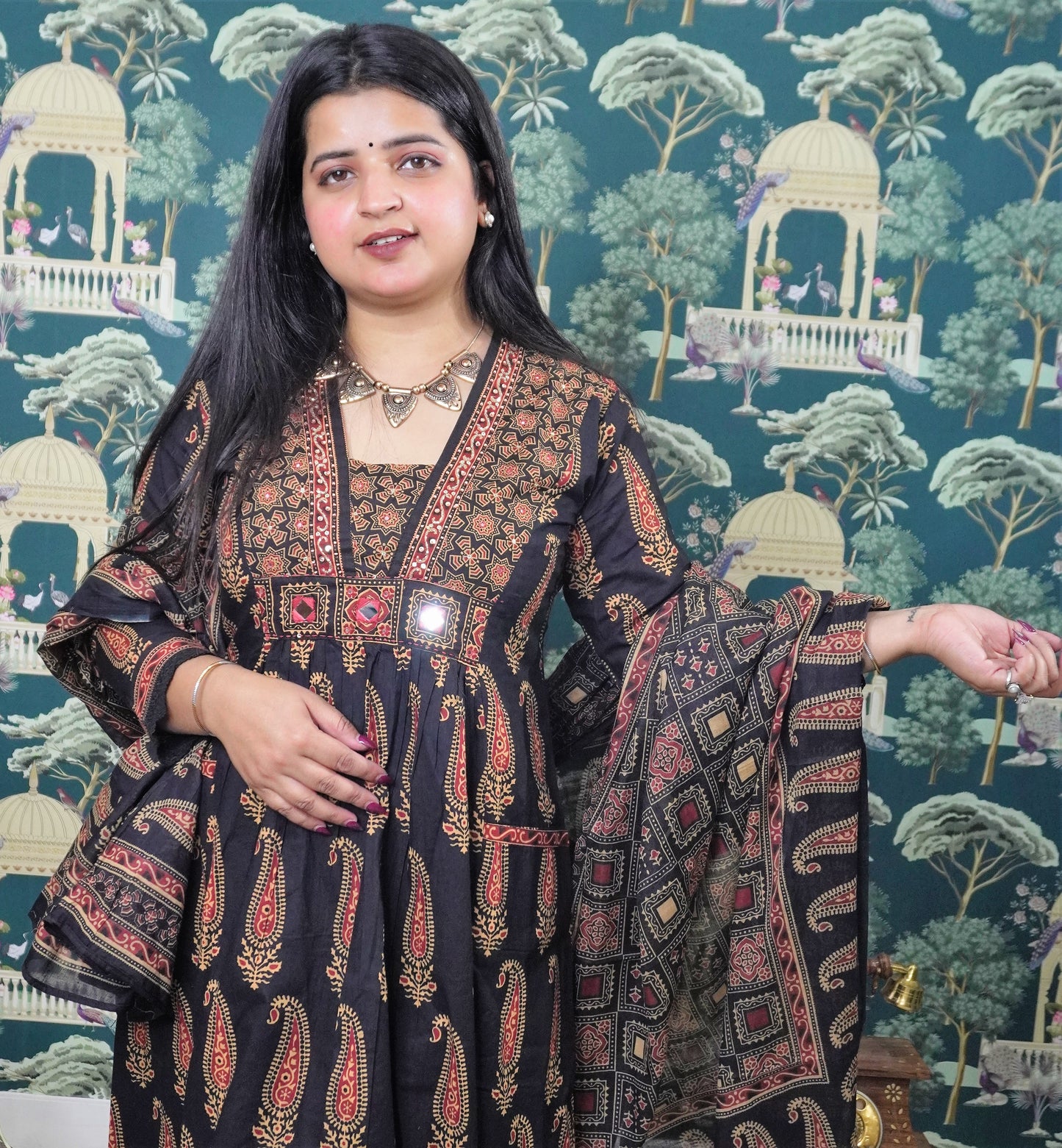AZRAK PRINT KATHEWADI MIRROR WORK COTTON ANARKALI SUIT (SM1019)