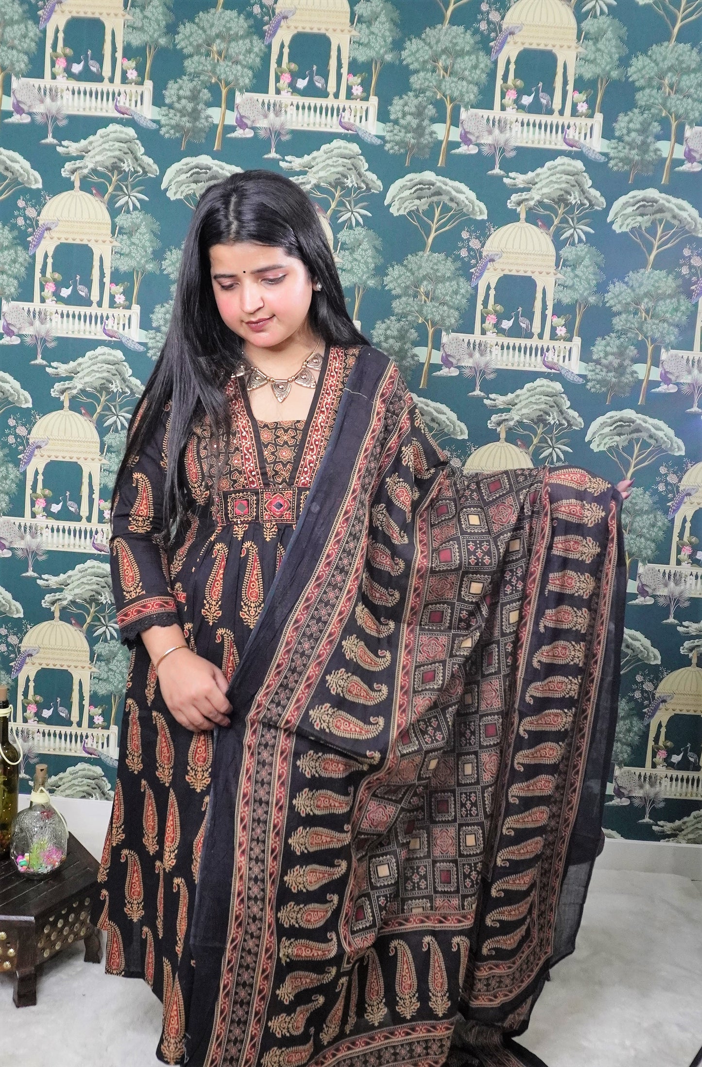 AZRAK PRINT KATHEWADI MIRROR WORK COTTON ANARKALI SUIT (SM1019)