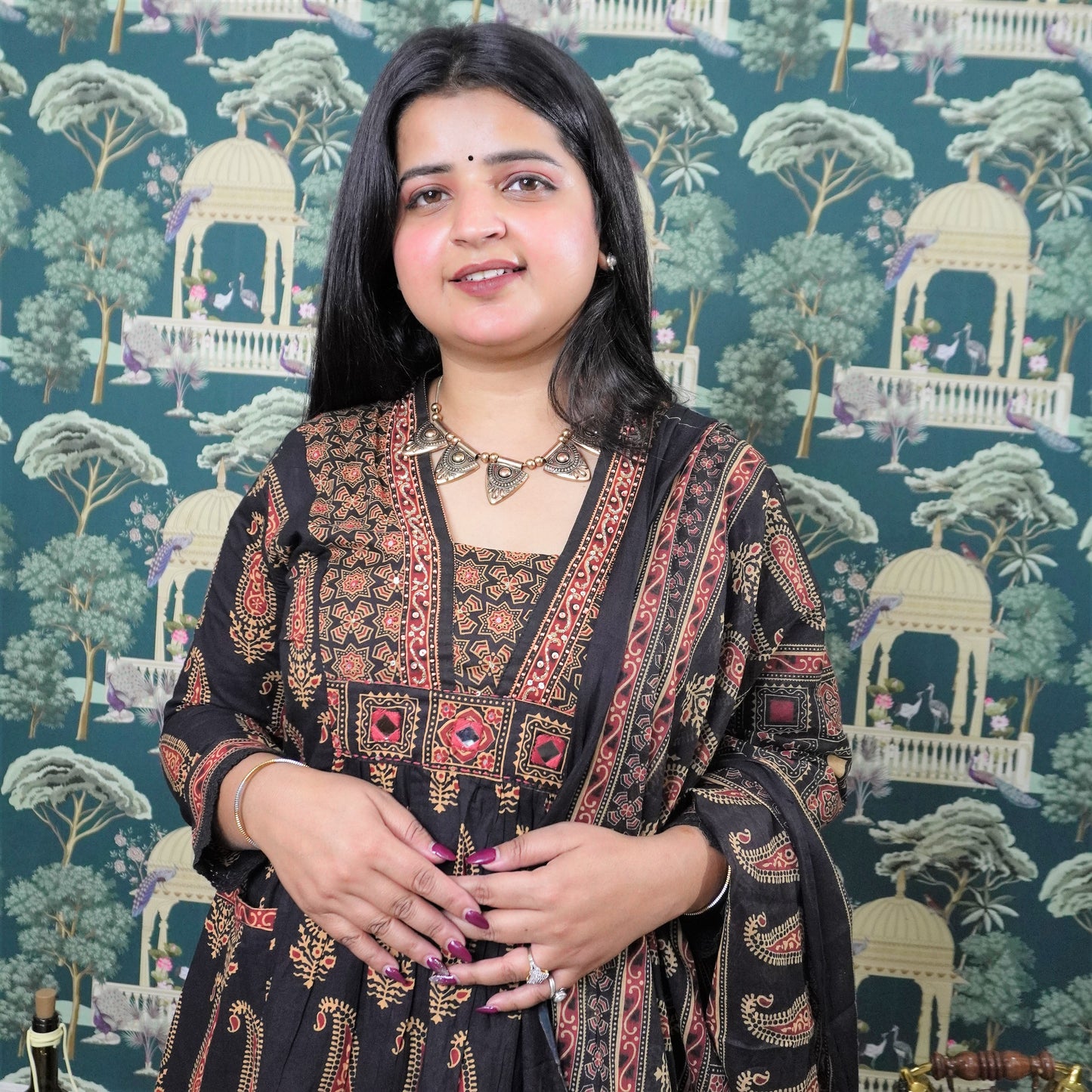 AZRAK PRINT KATHEWADI MIRROR WORK COTTON ANARKALI SUIT (SM1019)