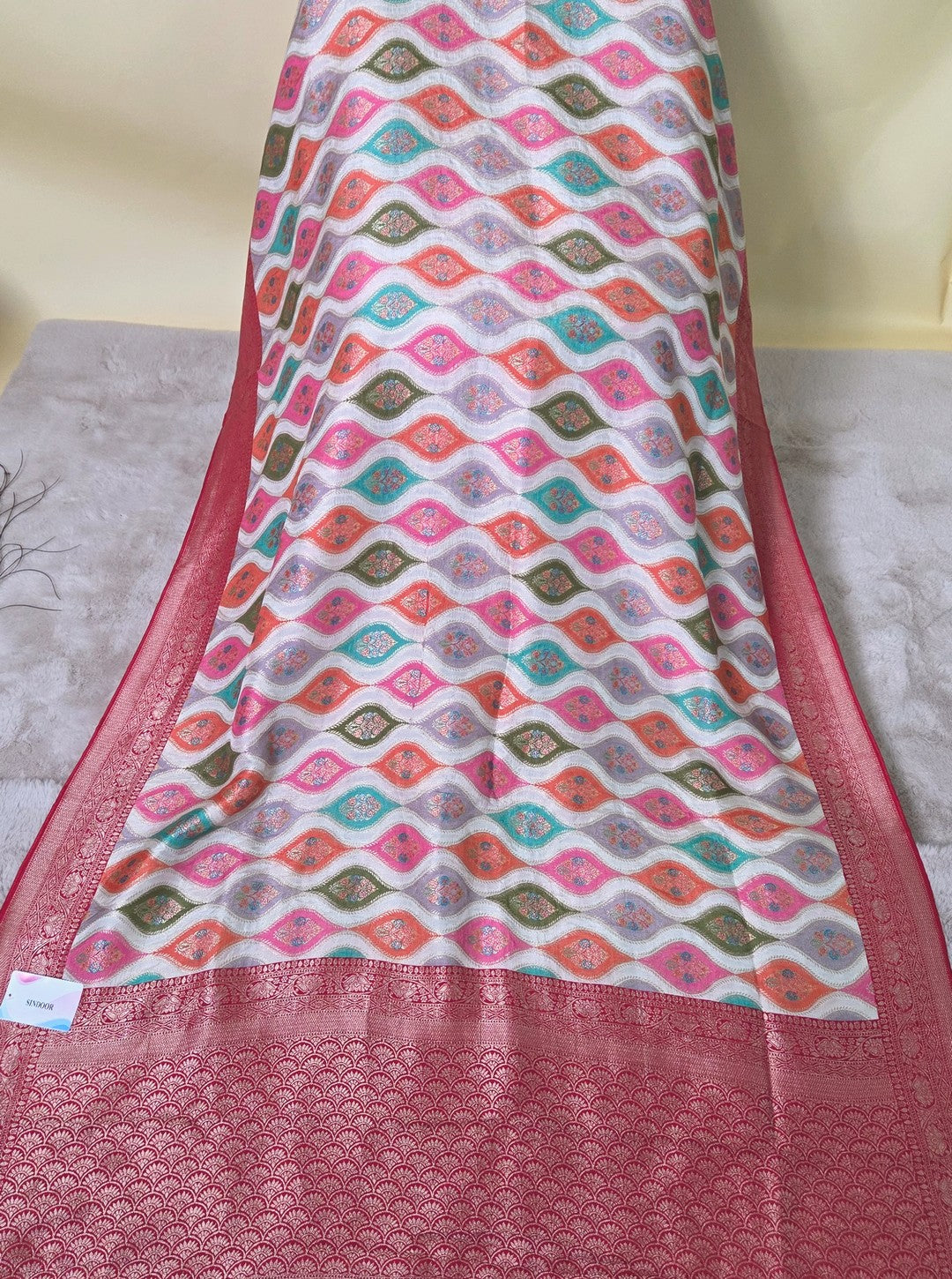 CRAPE SILK RANGKAT SAREE BEAUTIFUL VANILLA SHADE WITH RED BORDER (SM1066)