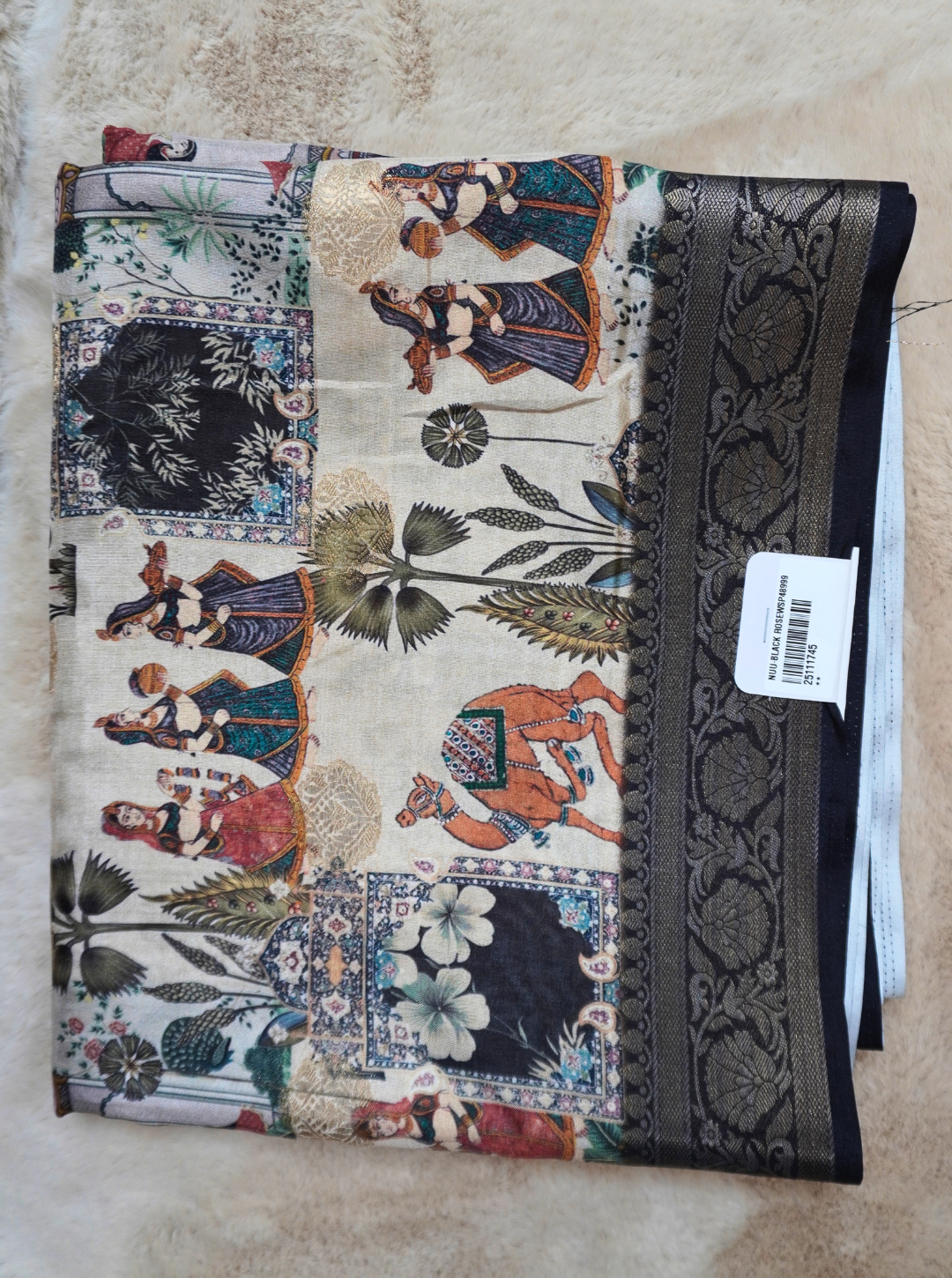 CREAM BLACK CRAPE WEAVING SAREE ZARI BORDER BLOCK PRINT