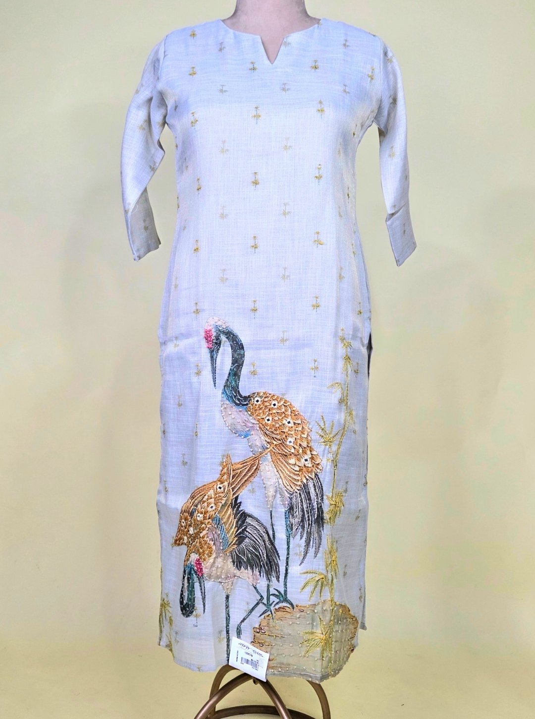 GREYISH GREEN COLOUR TISSUE COTTON KURTI WITH KNOT WORK OR COTTON PANT & TISSUE COTTON DUPATTA (KUR1033)
