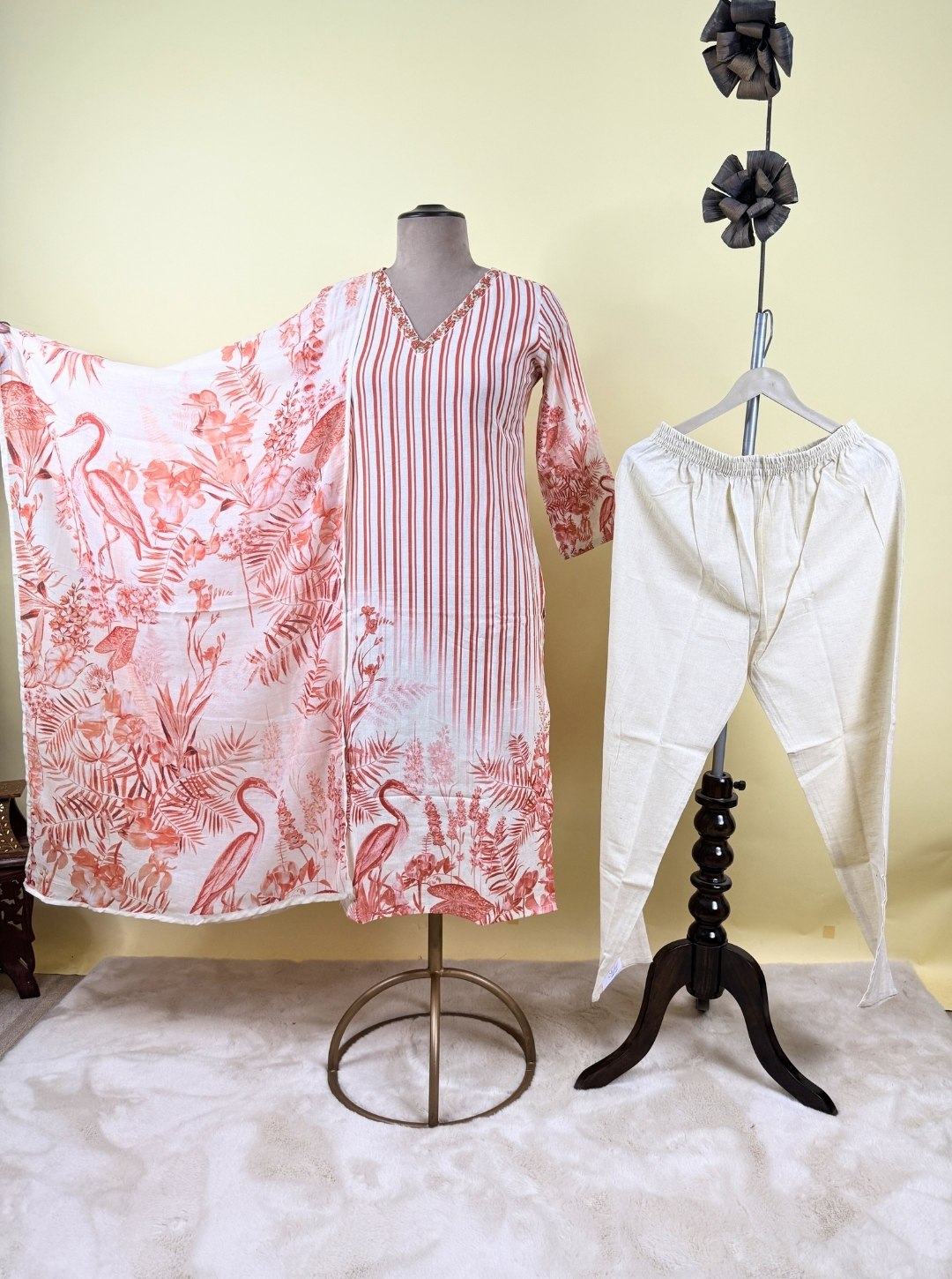 IVORY RUST ORANGE SWAN PRINT KURTI WITH SEQUIN & THREAD WORK (KUR1002)