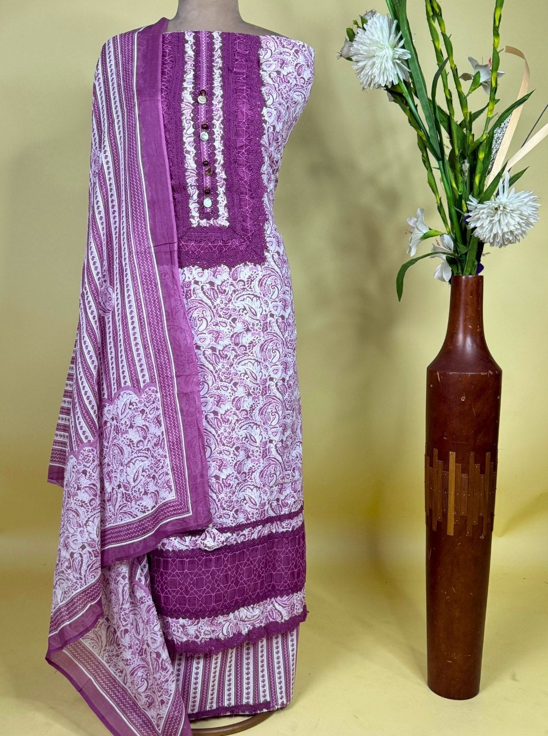 ORGANIC COTTON WITH ORGANZA AND LACE WORK MUL COTTON DUPATTA (SUIT1021)