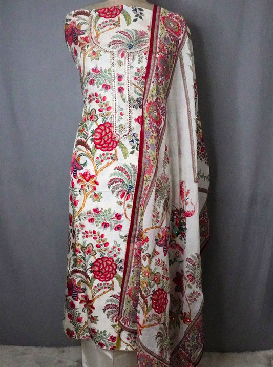 MUSLIN MULTI COLOUR PRINT MIRROR NECKLINE SUIT