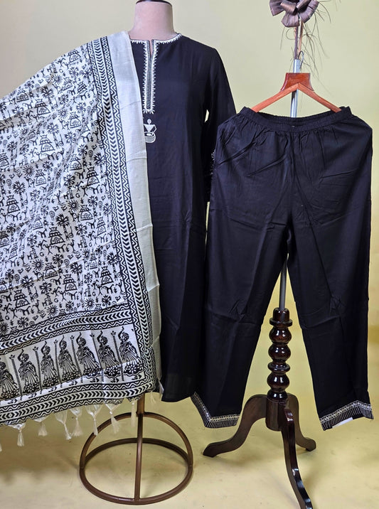 BLACK A LINE KURTI PANT SET WARLI PRINT DUPPATA WITH NECK EMBROIDERY SLEEVES WORK (KUR1072)