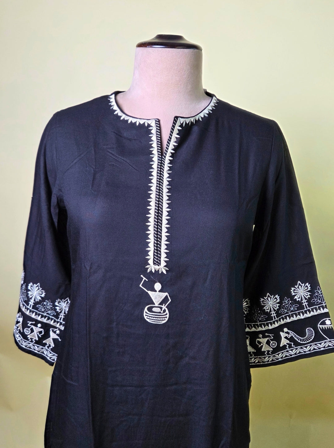 BLACK A LINE KURTI PANT SET WARLI PRINT DUPPATA WITH NECK EMBROIDERY SLEEVES WORK (KUR1072)