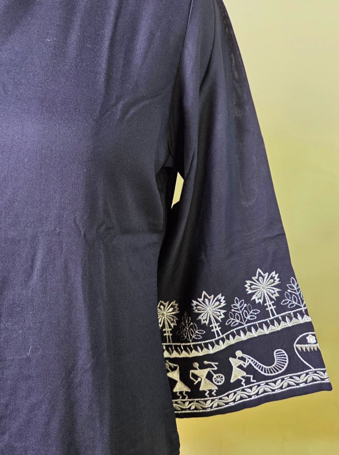 BLACK A LINE KURTI PANT SET WARLI PRINT DUPPATA WITH NECK EMBROIDERY SLEEVES WORK (KUR1072)