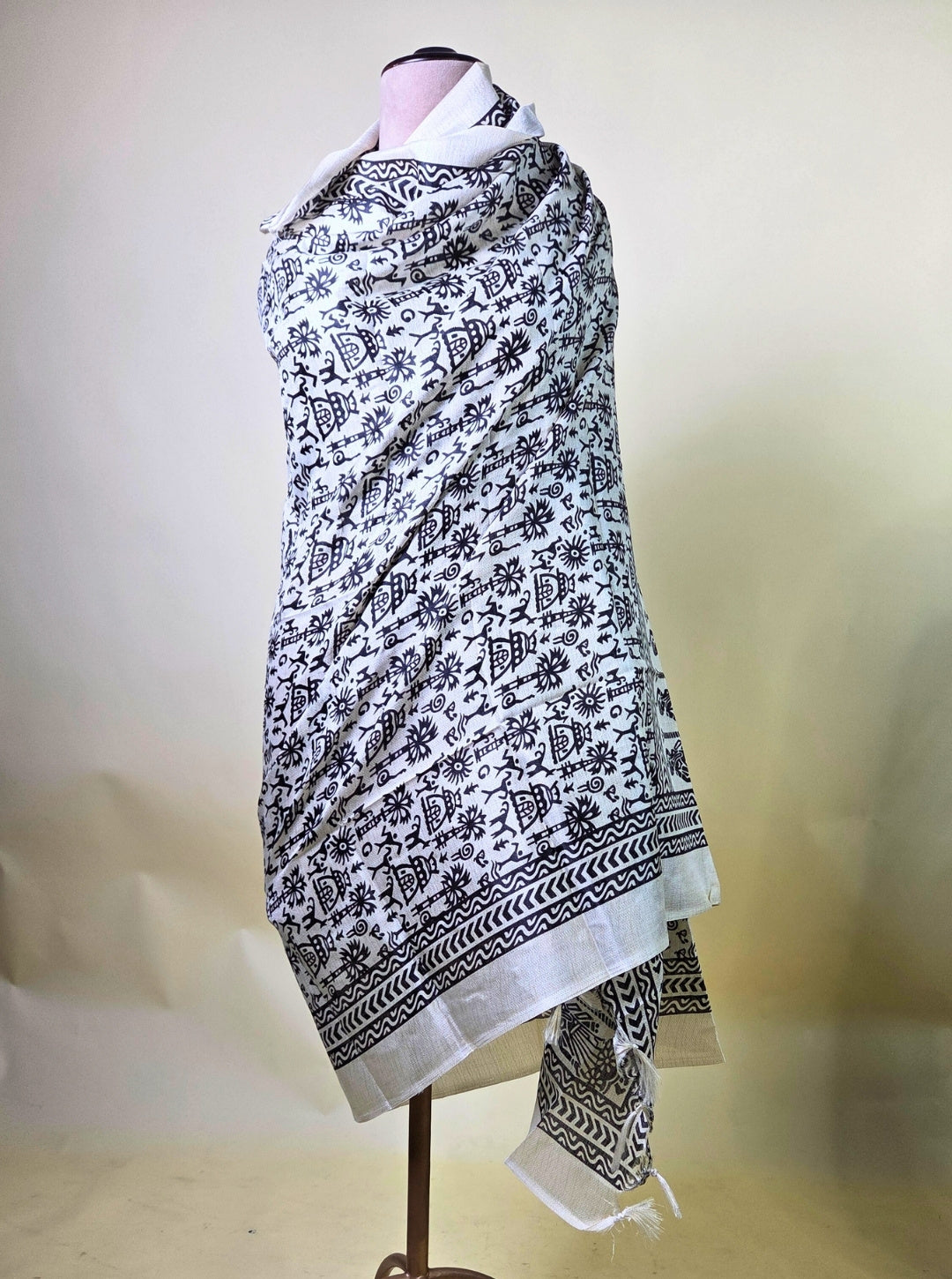 BLACK A LINE KURTI PANT SET WARLI PRINT DUPPATA WITH NECK EMBROIDERY SLEEVES WORK (KUR1072)